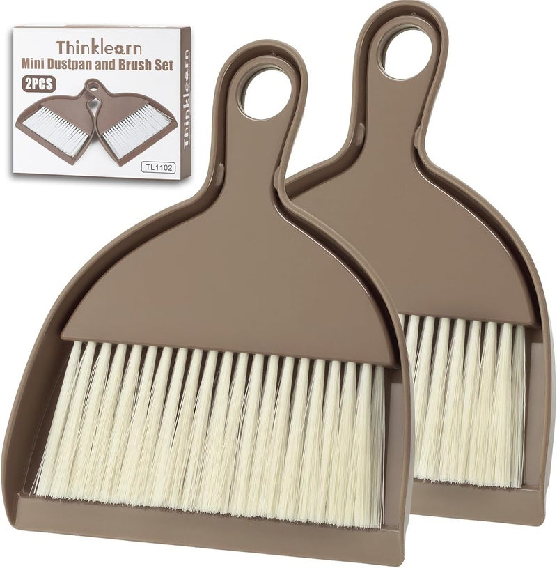 ThinkLearn 2PCS Small Broom and Dustpan Set, Mini Dust Pan and Brush, Hand Whisk for Pets, Kids, Desk, Home, Camping, Brown Cleaning Supplies - Image 1